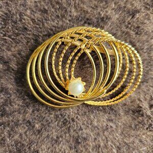 Vintage Gold Tone Multi Hoop Brooch Faux Pearl Textured Orbital Statement Pin